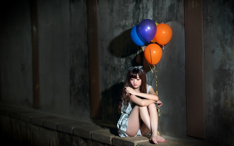 helium balloon, long hair, full length, one person, hair, balloon, beautiful woman, contemplation, looking at camera, young adult, portrait, women model brunette long hair women outdoors urban street sitting alone sad asian shorts closed eyes walls balloons barefoot headband shadow bangs
