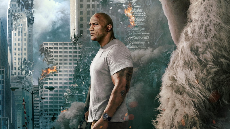 background, fiction, Rempeydzh, poster, the city, Dwayne Johnson, home, disaster, the ruins, gorilla, Rampage, smoke, 1080P, fire