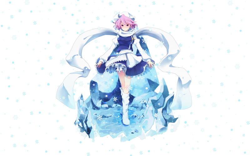 scarfs, letty, eyes, anime, white, background, 2K, pink, ice, touhou, video, whiterock, hats, simple, games, boots, blush, hair, dress, girls, snowflakes