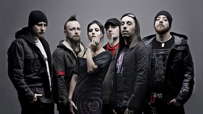 Lacuna coil, indoors, adult, Clothes, young men, young women, women, Dress, leather, waist up, people, standing, 1080P, men, looking at camera, togetherness