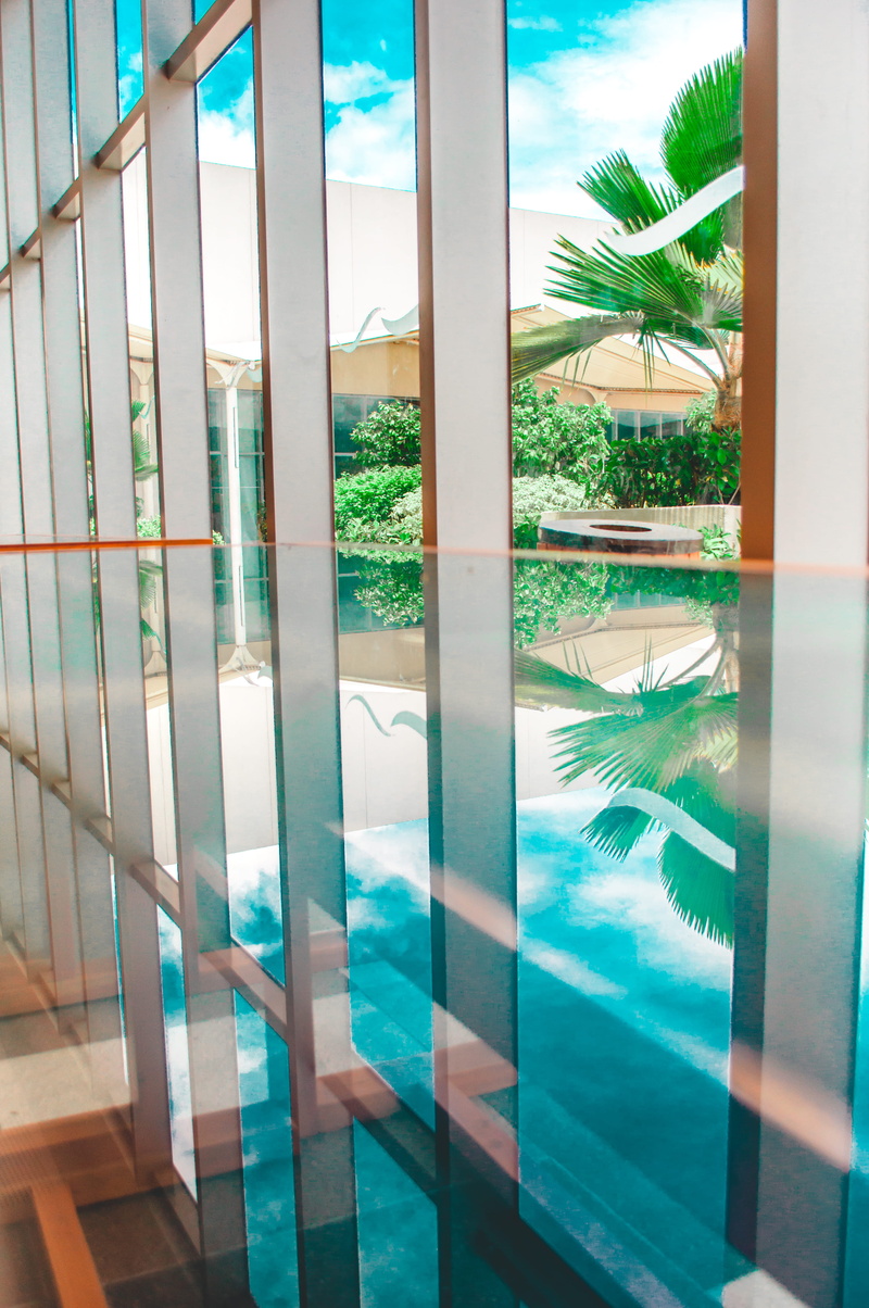 day, window, indoors, leading lines, water, built structure, tropical climate, trees, building, tree, swimming pool, turquoise colored, orange, table, glass