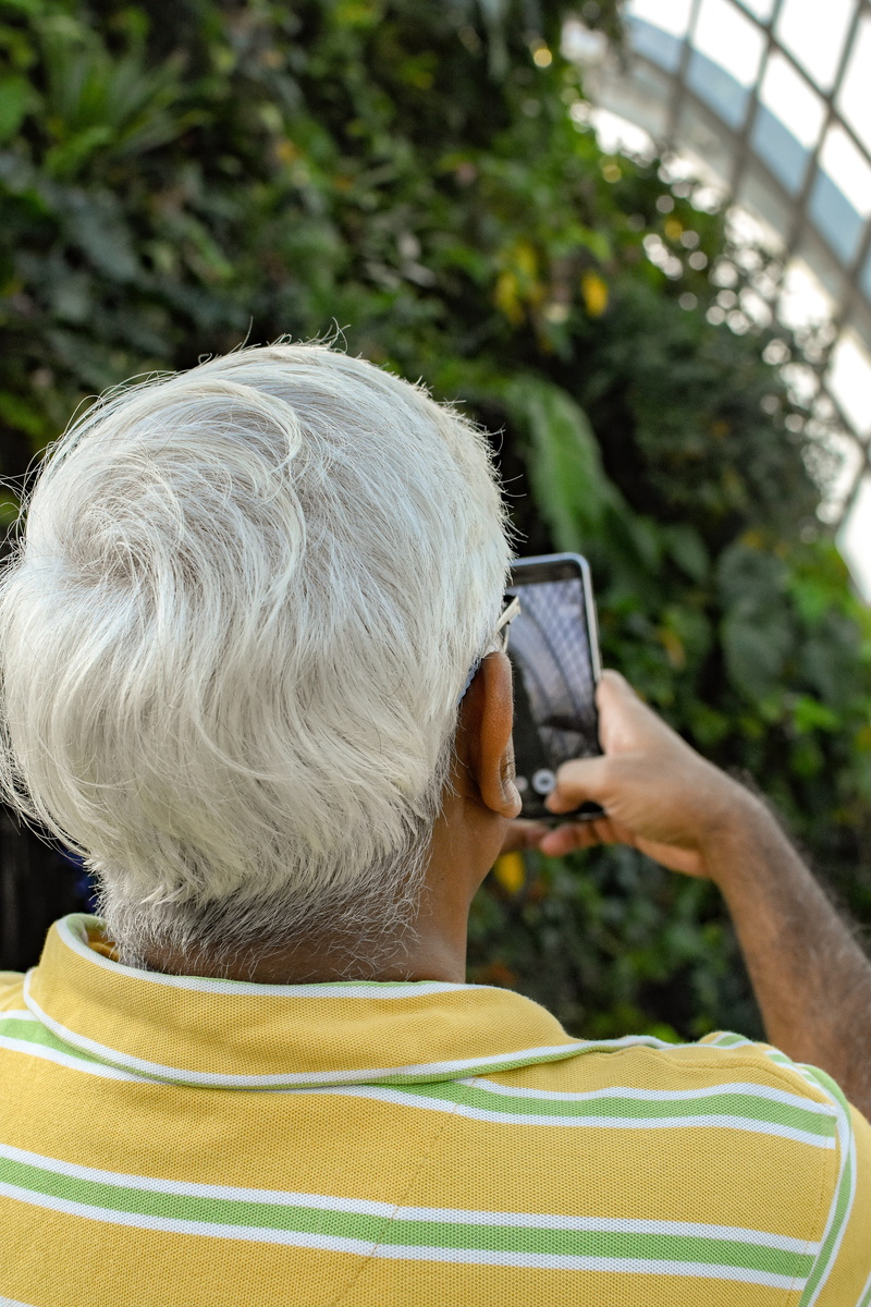 leisure activity, iphone, technology, focus on foreground, women, nature, plants, old man, greenhouse, portrait, photographing, 5K, indian, back, digital