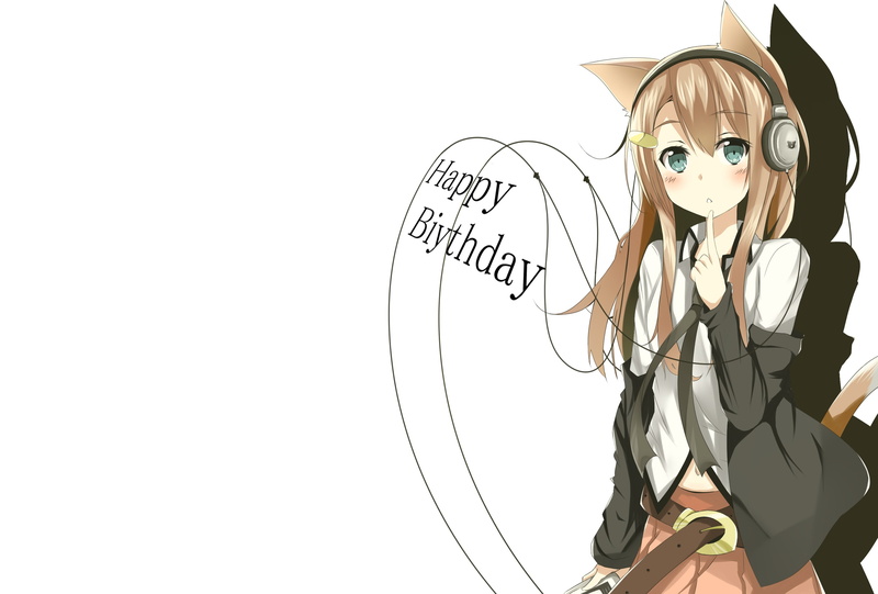 white, ears, 2K, brown, neon, tail, birthday, blue, animal, yonari, long, eyes, hayato, phone, hair, tazaki, catgirl, headphones, original