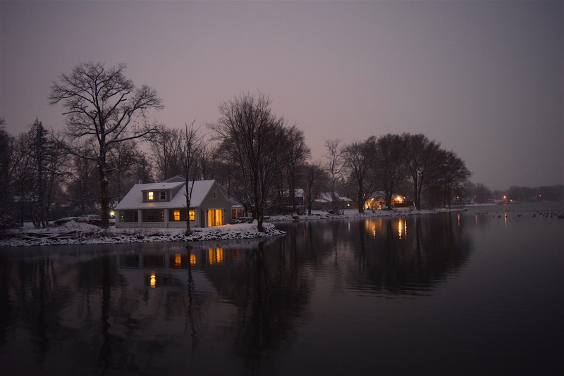 lighted, country, scene, reflection, built structure, twilight, architecture, sky, tree, snow, near, night, evening, dusk, beauty in nature, waterfront