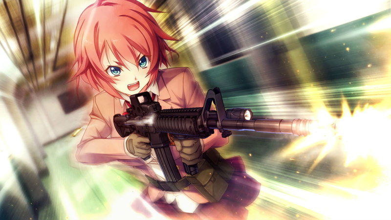 red, sayaka, oosaki, kanzaki, innocent, bullet, game, 720P, blue, hair, weapon, seifuku, shinya, gun, eyes, short
