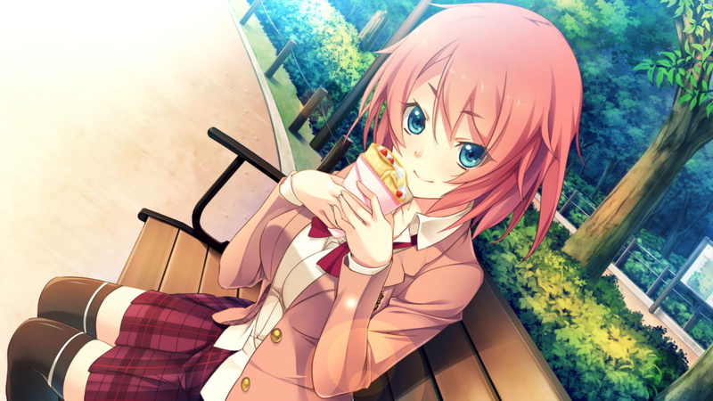 bullet, red, sayaka, kanzaki, food, game, blue, shinya, eyes, bench, short, oosaki, thighhighs, innocent, seifuku, 720P, hair