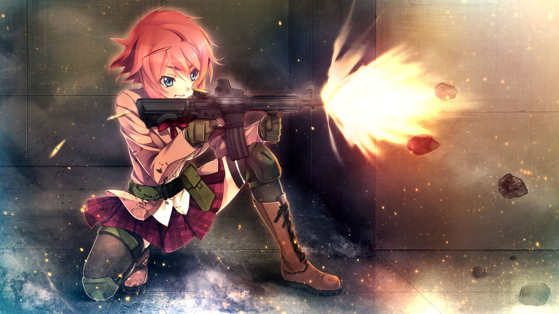 game, skirt, kanzaki, eyes, thighhighs, shinya, innocent, hair, sayaka, seifuku, blue, boots, gun, red, weapon, oosaki, blush, 720P, bullet