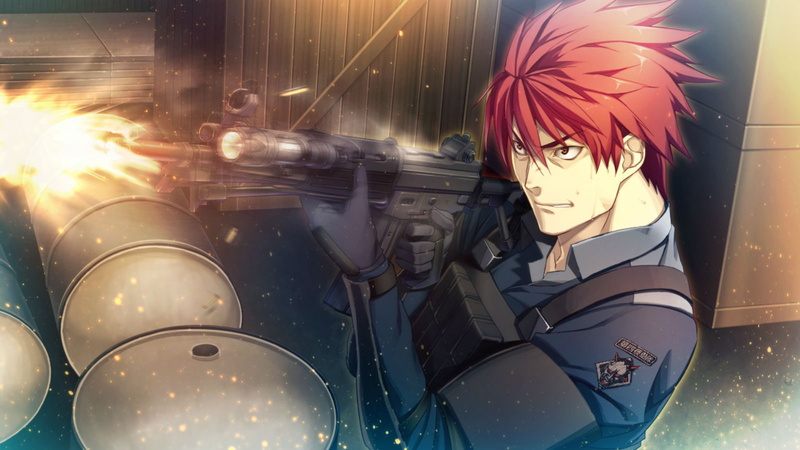 katakura, uniform, police, game, short, gun, hair, shinya, red, oosaki, orange, mitsugi, weapon, bullet, 720P, eyes, innocent