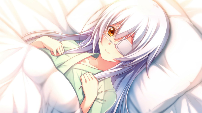 miyasu, game, bullet, innocent, 720P, shinya, bed, white, eyepatch, long, hair, yellow, eyes, sanae, oosaki