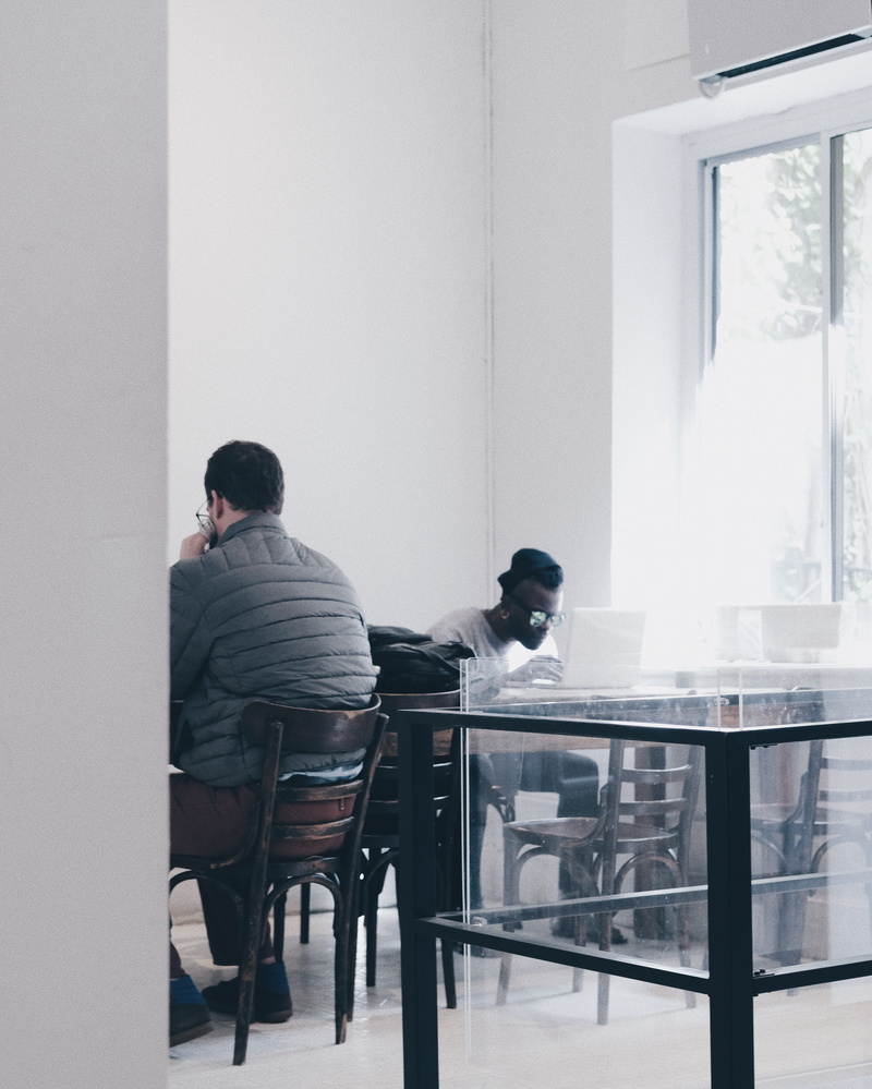 monochrome, white, office, new york, focus, work productivity, vibes, 4K, setup, minimal, day, indoors, business, men, glass - material, real people, interior