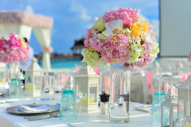 bunch of flowers, arrangement, pink color, set, decor, nature, freshness, flower, wedding, maldives, close-up, focus on foreground, lights, vase, photography