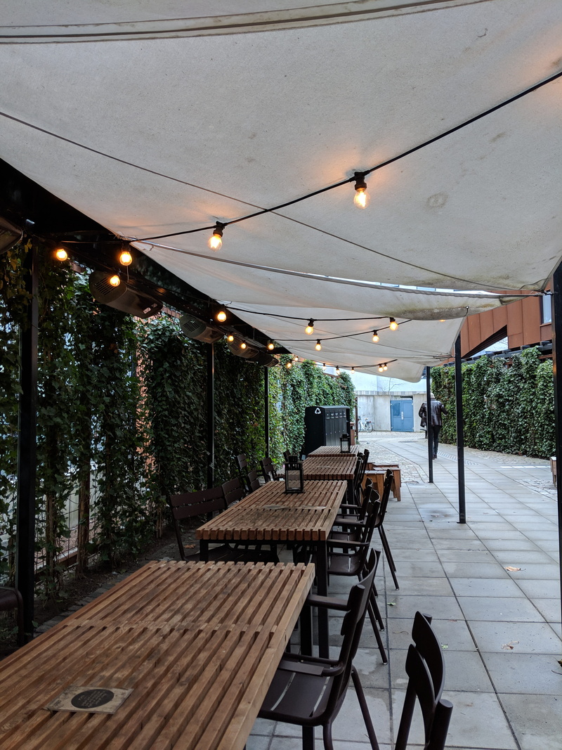 city, outsite, furniture, tree, footpath, rustic, cafe, upcycled, patio, day, wooden setup, gamla staden, lighting equipment, architecture, illuminated