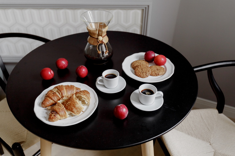 no people, ready-to-eat, fruit, refreshment, still life, coffee - drink, healthy eating, plums, indoors, black table, drink, chemex, breakfast, served