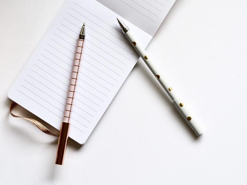 ball, point, copy space, ballpens, education, writing instrument, directly above, pink, white, no people, high angle view, notepad, publication, close-up