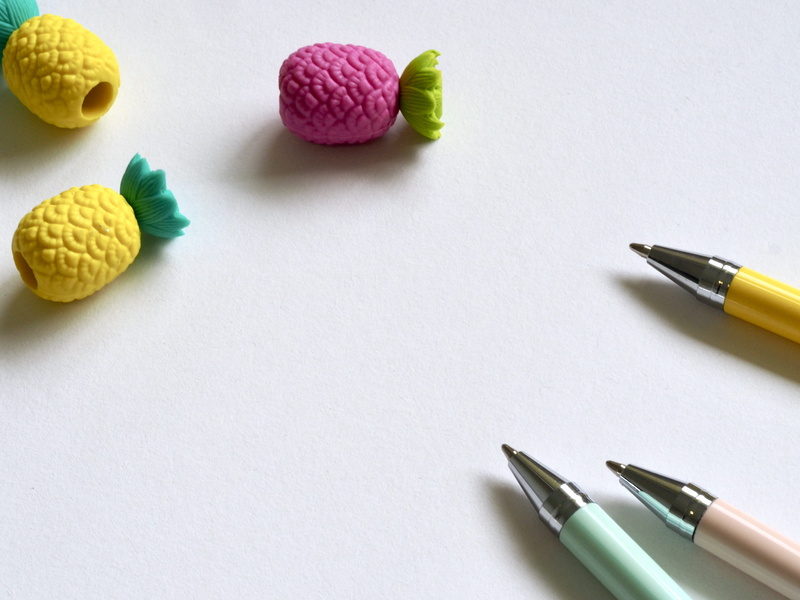 color, close-up, pineapples, eraser, art and craft, assorted, colourful, office, high angle view, table, three, medium group of objects, rubber, indoors