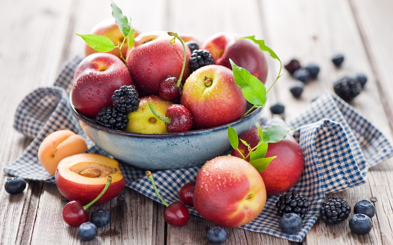 Fruit, Cherries, Nectarines, Peaches, 1080P, Blueberries, close