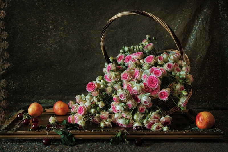 Still Life, Rose, 1080P, Cherry, Nectarine, Flower, Photography, Basket