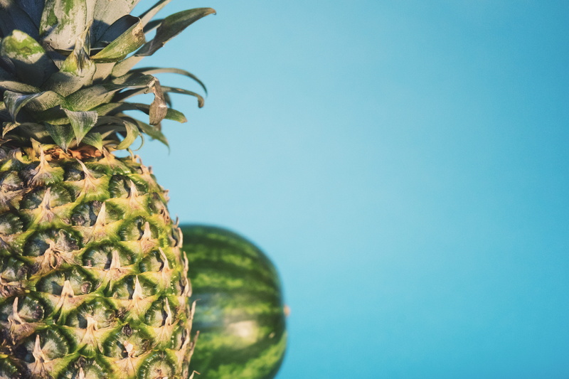 pineapple, background, leaf, plant part, blue, nutrition, fruit, watermellon, green, nature, melon, wellness, ripe, plant, tropical climate, sky, green color