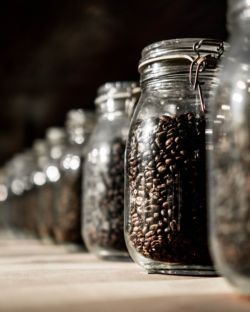 jars, vegetable, selective focus, grain, transparent, glass, food, lot, salt - seasoning, food and drink, coffee bean, close-up, bean, silver colored, freshness