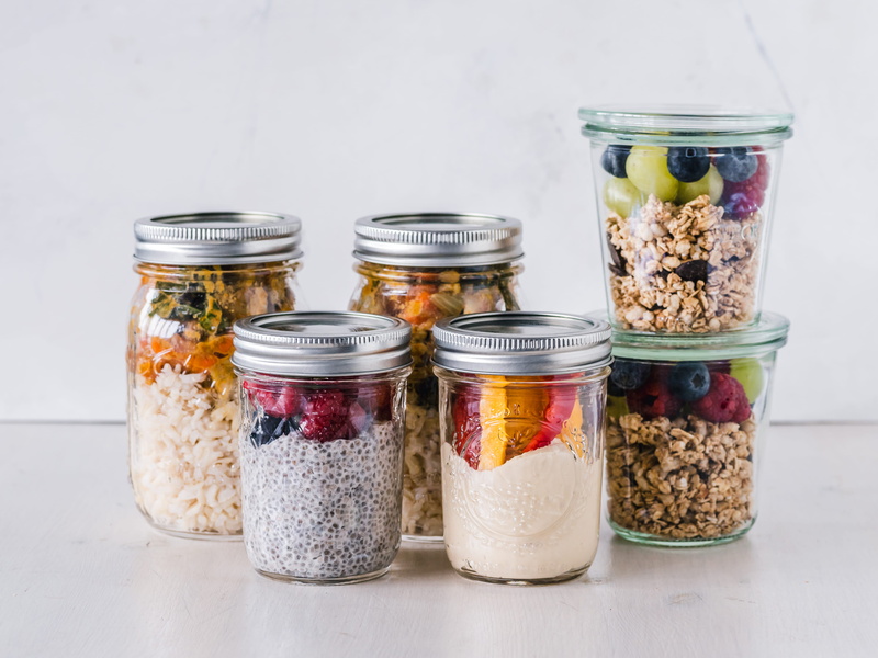 freshness, mason, table, red, granola, no people, healthy, glass, jar, variation, breakfast, container, clear, indoors, food preparation, jars, 4K, six