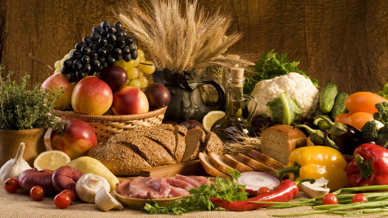 1080P, Apple, Food, Fruit, Bread, Garlic, Pepper, Wheat, Still Life, Onion, Meat, Grapes, Mushroom