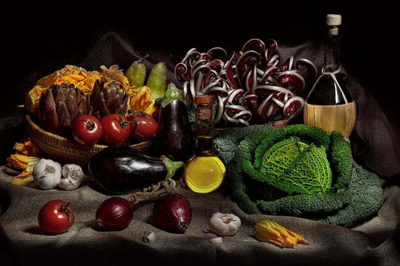 oil, garlic, items, burlap, pear, eggplant, vegetables, cabbage, tomatoes, 4K, bow, bottle, still life, a lot, black background, food, composition, wine