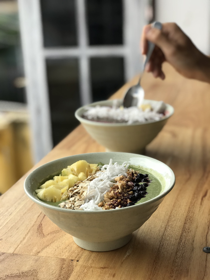 kitchen, soyamilch, hand, 4K, ceramic, vietnam, vegetarian, pineapple, fruits, holding, human hand, wood, spoon, lifestyles, one person, food and drink
