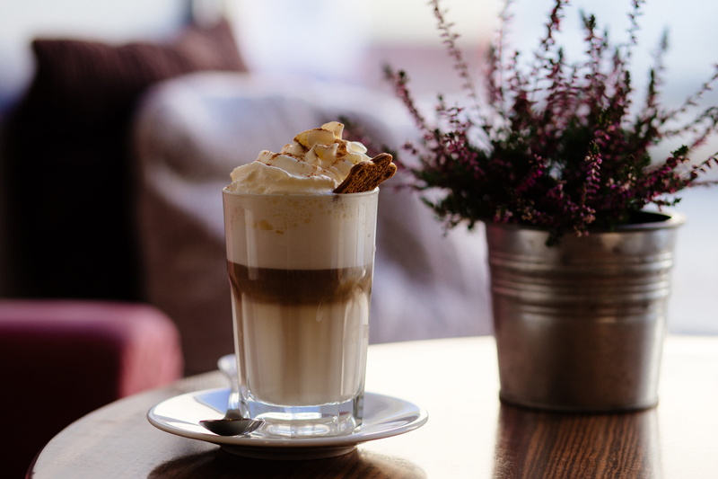wooden table, plant, drinking glass, sweet food, cappuccino, traditional, milk, milkshake, flower vase, close-up, dessert, coffee - drink, delicious, latte