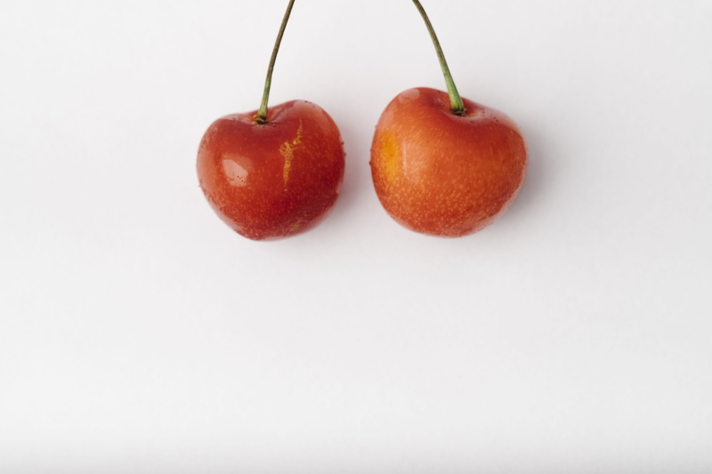 white background, apple - fruit, and cherries, cherry, ripe, 4K, cute, group of objects, american cherry, food, couple, nuts, plant stem, close-up, indoors