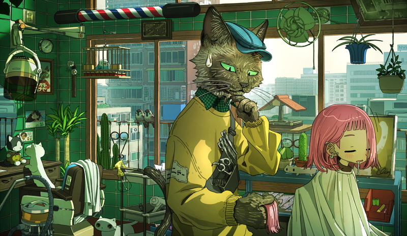 cooling fan, cat ears, pink hair, anime girls, piercing, berets, green eyes, building, sweater, clocks, birds, flowers, flowerpot, parrot, cactus, scissors