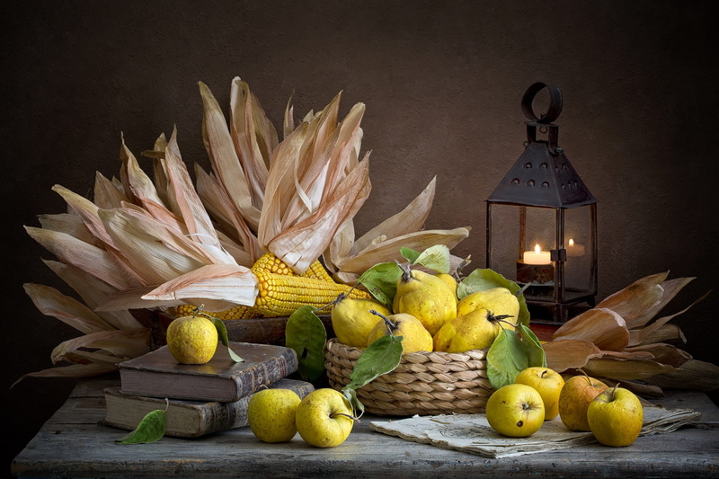 fruit, apples, food, still life, the dark background, dishes, corn, 1080P, lantern, quince, composition