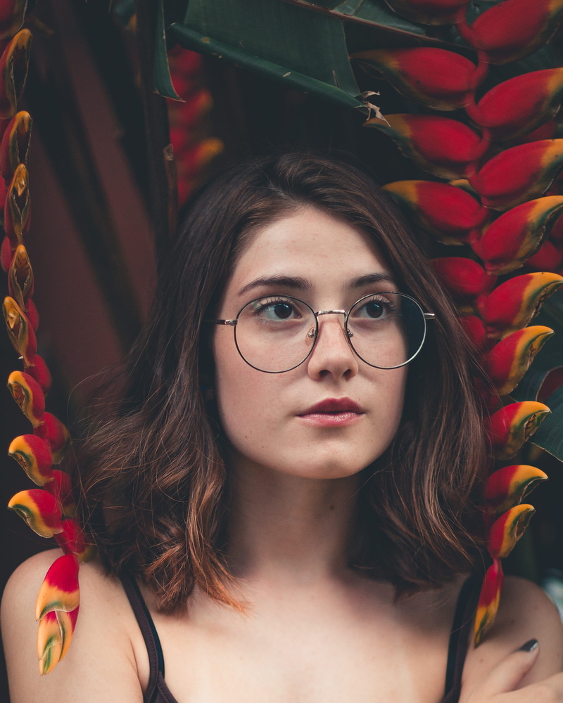 attractive, women, cute, fashion, black, birds of paradise flower, long hair, hair, hippie, pretty, close-up, framed, woman, facial expression, portrait