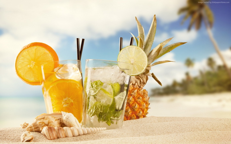summer, fruit, 720P, beach, ice, cocktails, shells, pineapple, sand, orange, sun