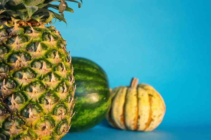 focus on foreground, green color, food And Drink, blue, blue background, tropical climate, nature, squach, vegetable, organic, watermelon, plant, 5K, close-up