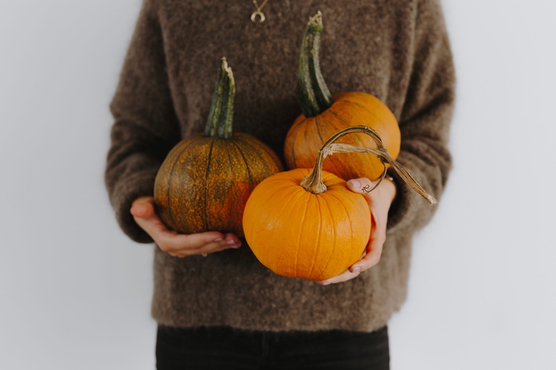holding, pumpkin, fall, midsection, freshness, studio shot, organic, hands, female, one person, food and drink, autumn, 5K, sweater, yellow, halloween