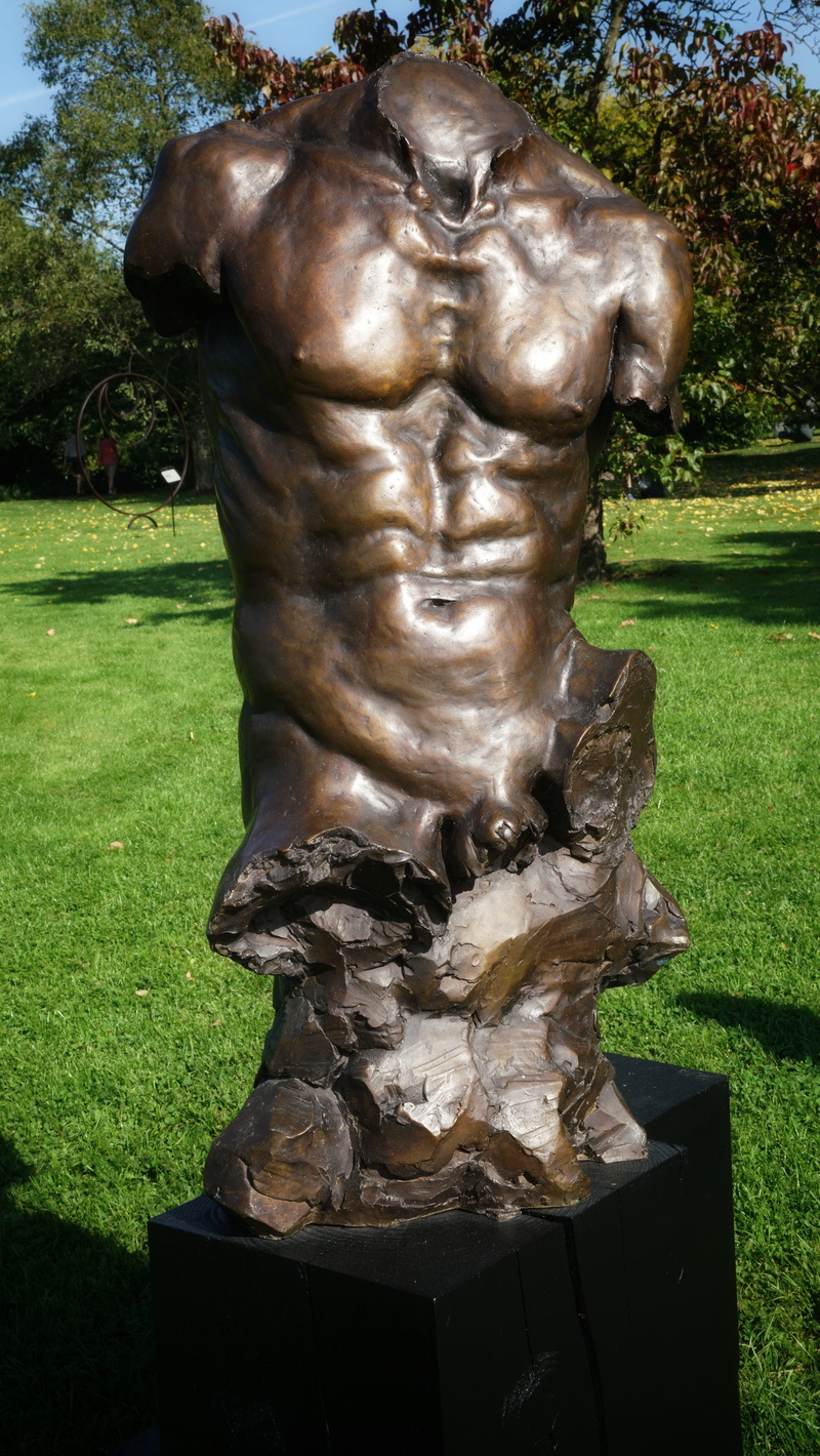 torso, craft, park, carving - craft product, sculpture, male likeness, plant, park - man made space, green color, grass, male, art and craft, representation