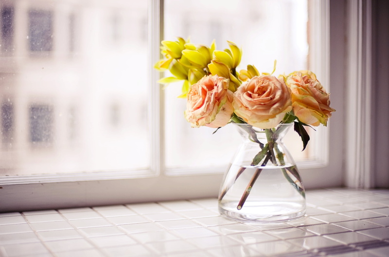 beauty in nature, flower arrangement, tiled floor, window, decor, bunch of flowers, three, romance, freshness, box, flowering plant, rose - Flower, white