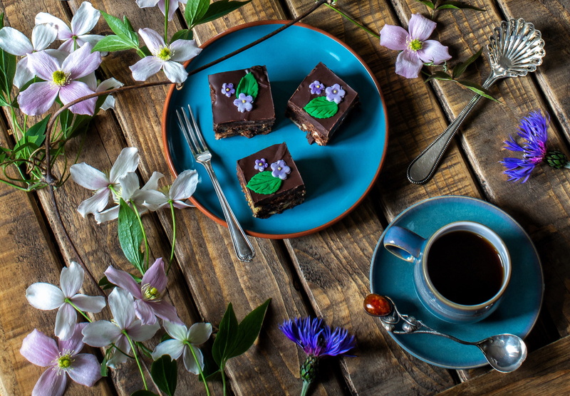flowers, cake, coffee, mug, 2K, cornflowers, clematis