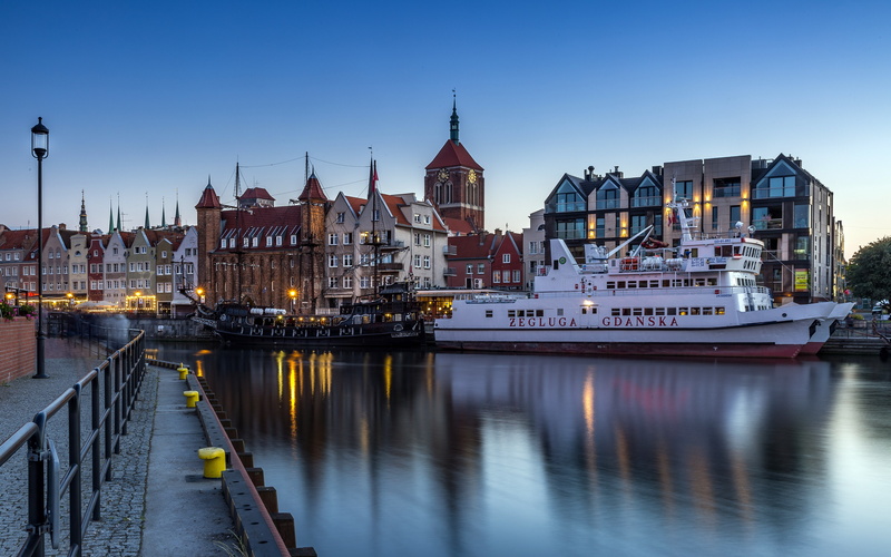 transportation, city, evening, gdansk, water, waterfront, bridge - man made structure, passenger craft, travel destinations, religion, river, illuminated