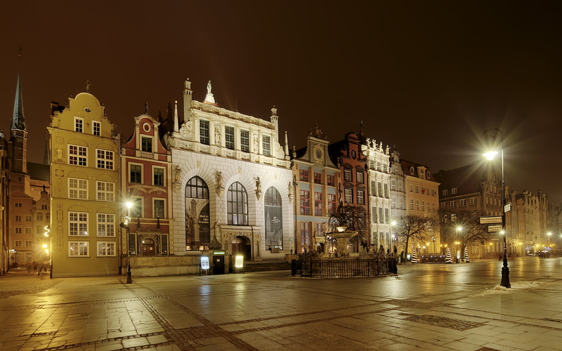 Gdansk, photo, Lights, The city, Street, Night, Poland, buildings, Home, brown, white, 2K