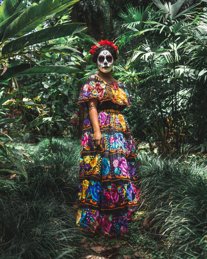 woman, earth, rose, day, field, flower, plants, nature, front view, clothing, mexican, portrait, visual, standing, dress, costume, belief, garden, creativity