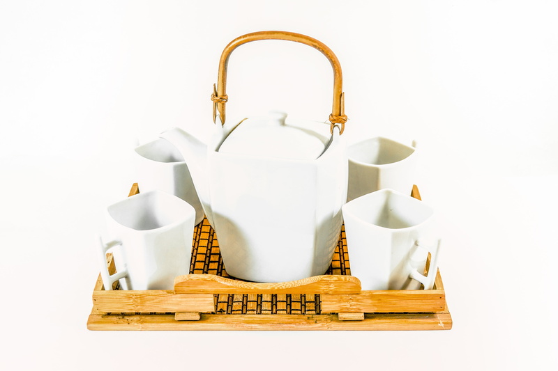 pot, white background, no people, peppermint tea, teatime, tray, tea, relax, mint, rest, gold colored, porcelain, warmer, studio shot, 5K, teacup, give a