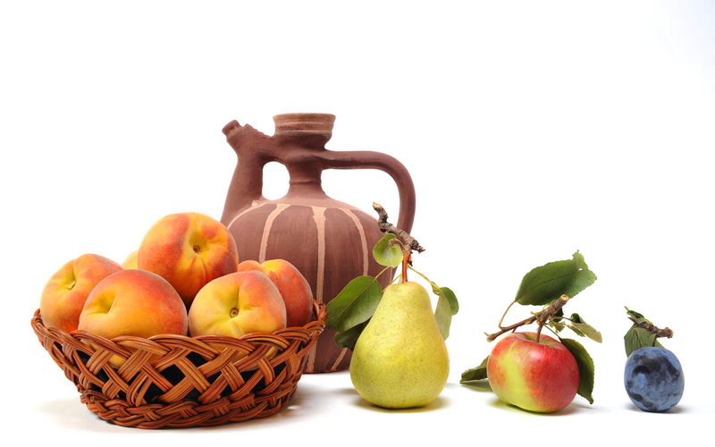 red, pear, peaches, backgrounds, agriculture, wellbeing, fruits, summer, freshness, white, wood - Material, copy space, healthy Eating, white background