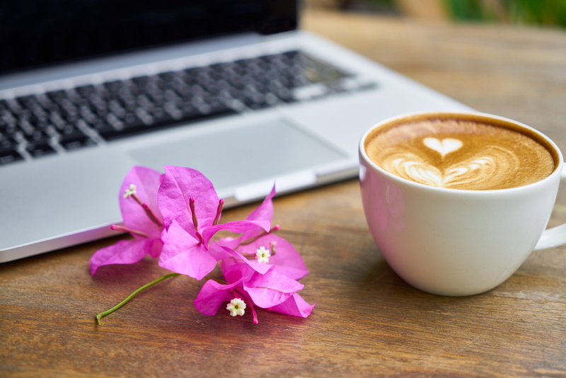 technology, laptop, latte art, computer, caffeine, close-up, pink color, latte, blur, ceramic, focus, communication, food and drink, drink, refreshment