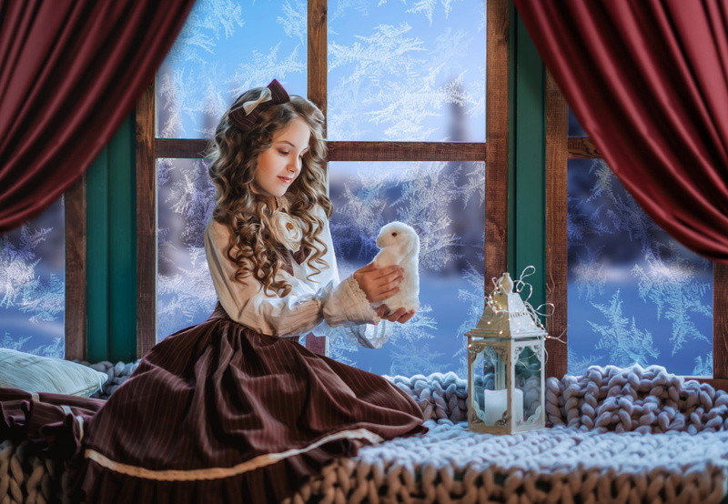 on the windowsill, Диана Липкина, 2K, plaid, frost, Bunny, lantern, toy, curls, rabbit, bow, window, girl