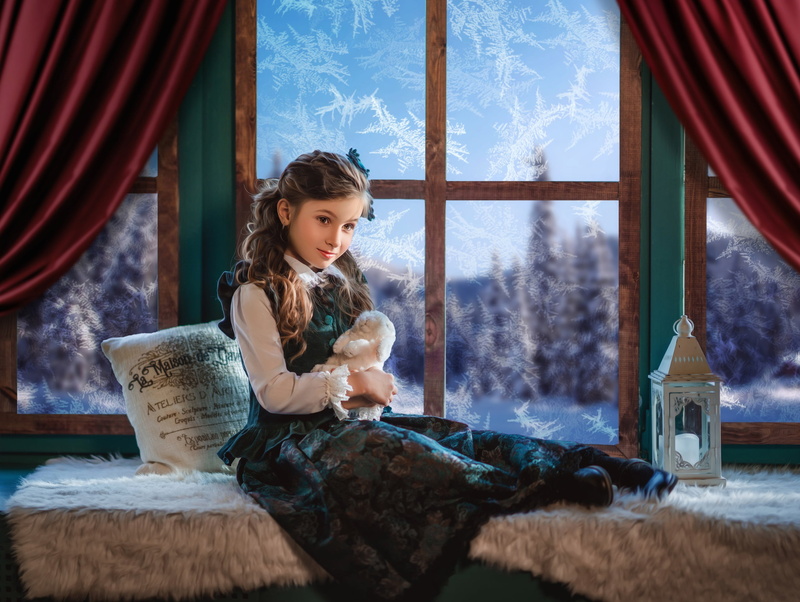 pillow, lantern, Bunny, frost, girl, 2K, Диана Липкина, rabbit, toy, window, sundress, on the windowsill