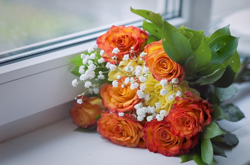 rose - flower, Window, plant, flower arrangement, flowering plant, 720P, fragility, nature, Bouquet, vulnerability, celebration, flower, wedding, multi colored