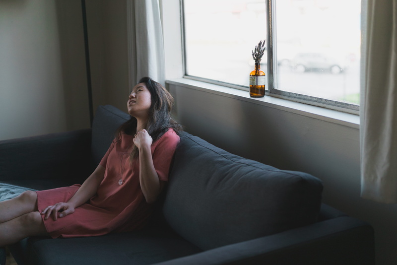 furniture, home interior, curtain, soft, indoors, pose, gray, adult, flower, asian, hairstyle, contemplation, style, daytime, young women, one person, day
