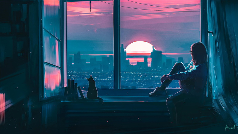 digital art, window, sunset, cats, 4K
