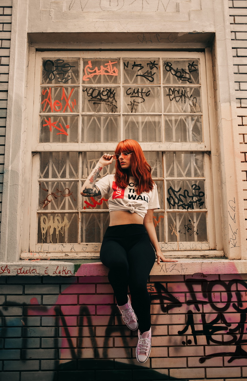 sill, brick wall, adult, photoshoot, built structure, photo, woman, real people, front view, pretty, 4K, one person, window, architecture, casual clothing